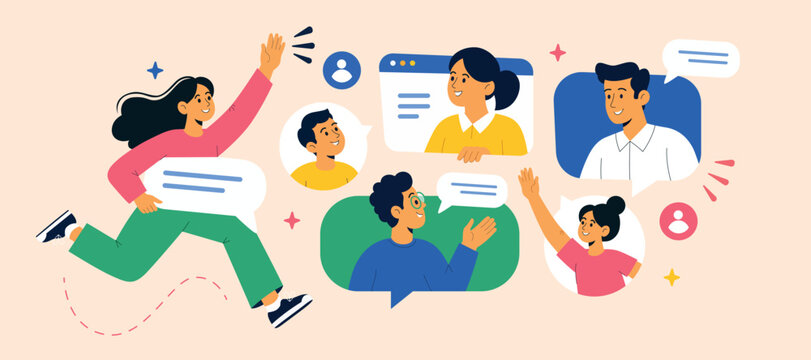 Online Communication and Video Conference with Virtual Team, Remote Work Collaboration and Social Networking Vector Illustration