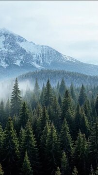 Misty mountain landscape with snow-capped peaks partially obscured by low clouds and dense evergreen forest in foreground