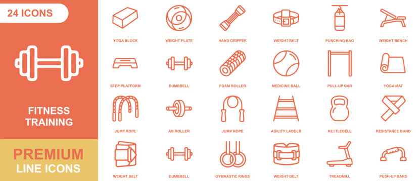 Fitness training icon sheet featuring 24 outline of gym equipment, including dumbbells, kettlebells, yoga mats, and treadmills