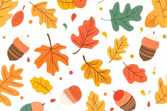 Colorful Autumn Leaves Pattern with Maple Leaves and Acorns
