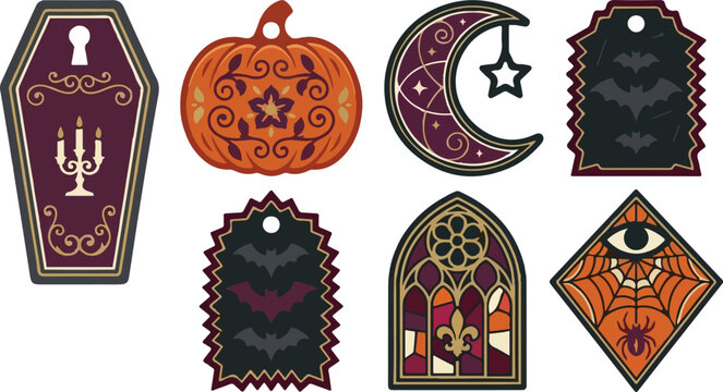 Vintage Halloween Tags Set, Gothic Decorations with Coffin, Pumpkin, and Bats, Stained Glass Window, Octo-Color Palette, Spice, Black, Orange, Purple, Gold, Metallic