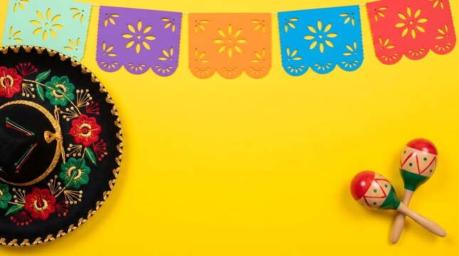 Mexican Charro Hat with Papel Picado Banner and Maracas on Yellow Background