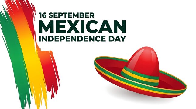 Mexican Independence Day September 16 Banner with Sombrero and Flag Brush Strokes