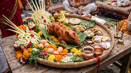 Obraz premium Antyesti, Antim Sanskar, Hindu funeral, Hindu last rites, funeral ritual, cremation ceremony, ritual offerings, funeral offerings, sacred offerings, ceremonial food, Hindu ceremony, Hindu tradition, H