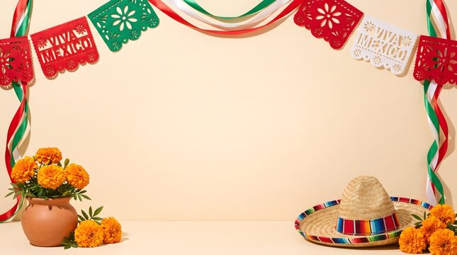 Mexican Fiesta Frame with Papel Picado Banner Marigolds and Sombrero