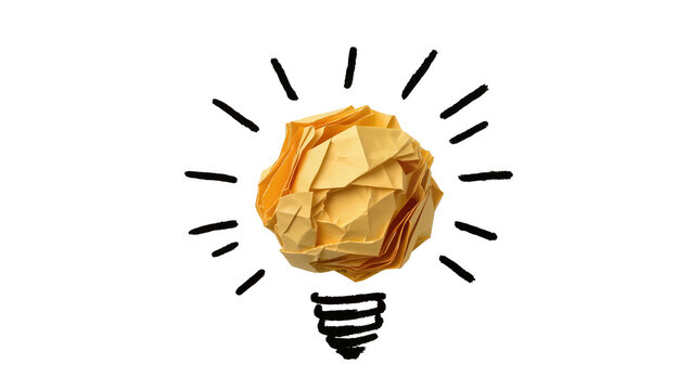 Crumpled yellow paper ball forming a light bulb shape, isolated on transparent background