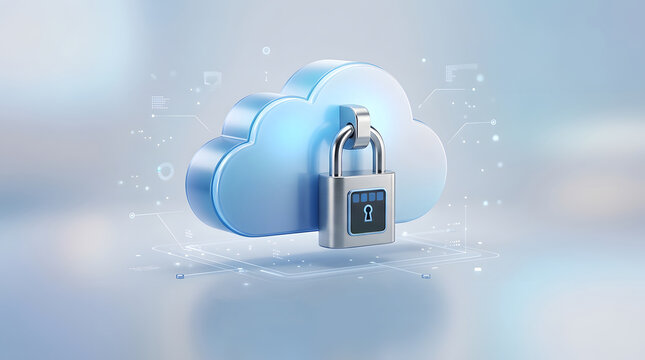 3D cloud icon with a metal padlock representing secure cloud computing and data protection.