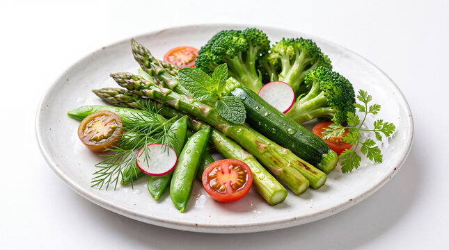 A vibrant vegetable platter featuring fresh asparagus, broccoli, and tomatoes artfully arranged, representing healthy eating habits and the importance of colorful nutrition in daily meals.