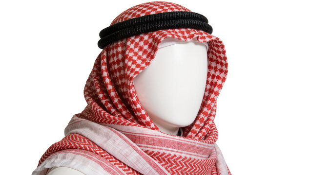 Red and white checkered keffiyeh with black agal, isolated on transparent background