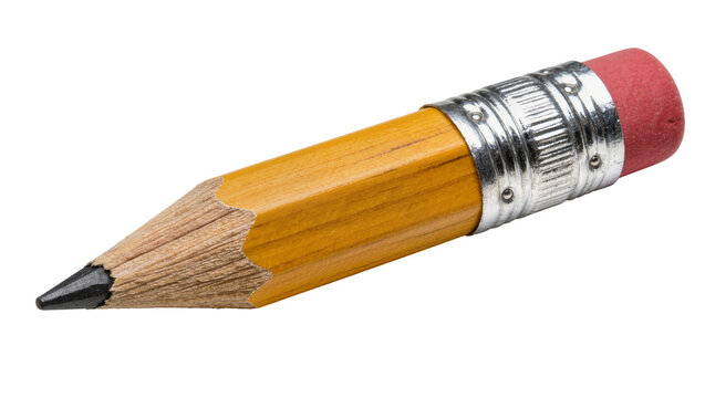 Sharpened yellow wooden pencil with pink eraser and metal ferrule, isolated on transparent background