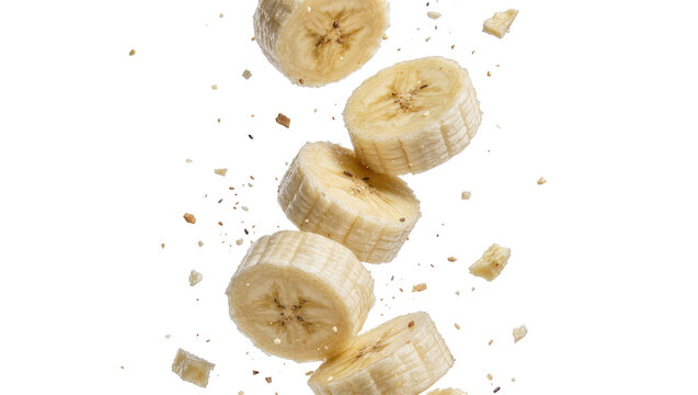 Fresh banana slices falling, isolated on transparent background