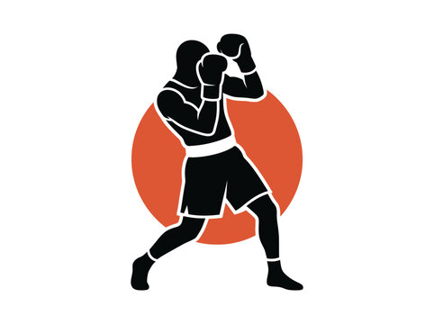 Boxer Standing in Combat Stance, Young Male Fighter Silhouette Vector Illustration against Sun on White Background