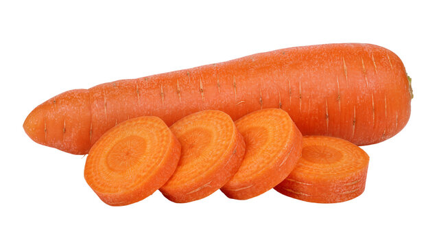 Whole orange carrot with four slices, isolated on transparent background