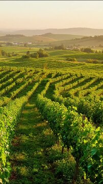 Aerial drone view of lush green tea plantation terraces stretching across rolling hills at golden hour with misty mountains