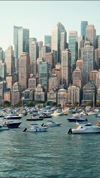 Urban waterfront cityscape with modern skyscrapers reflecting in calm harbor waters during bright daylight with boats and yachts docked