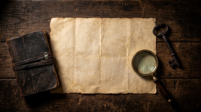 Vintage old paper map document with antique journal notebook, magnifying glass and skeleton key on wooden table