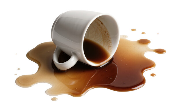 White ceramic mug tipped over spilling dark coffee, isolated on transparent background