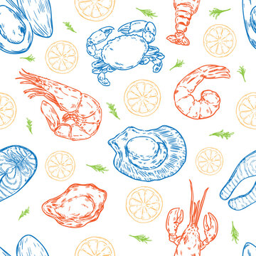 Vintage Hand Drawn Seafood Seamless Pattern Vector