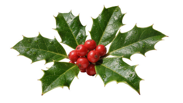 Glossy green holly leaves with red berries, isolated on transparent background