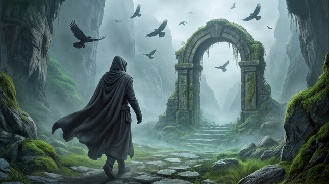 Wandering traveler in hooded cloak approaching ancient stone archway in misty mountain valley. Fantasy landscape with ravens flying over mossy ruins.