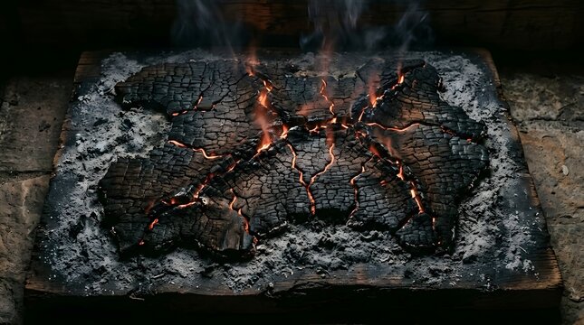 Burnt charcoal texture creating an asian map with glowing embers