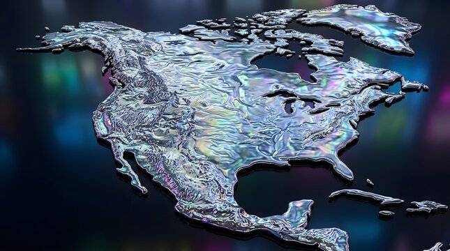 Iridescent liquid metal asian map on dark reflective background