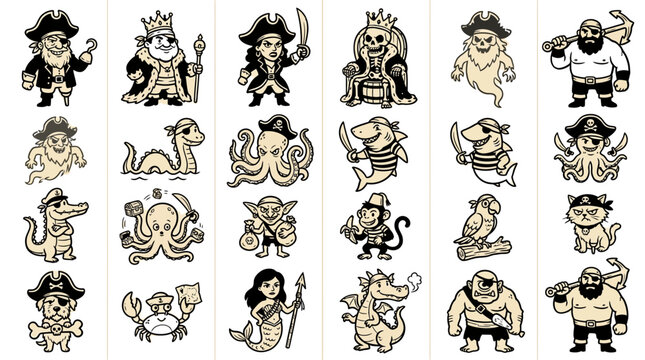 Collection of diverse cartoon pirate characters and nautical fantasy creatures vector illustrations