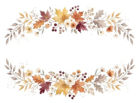 Watercolor autumn leaves forming a delicate frame on a white background