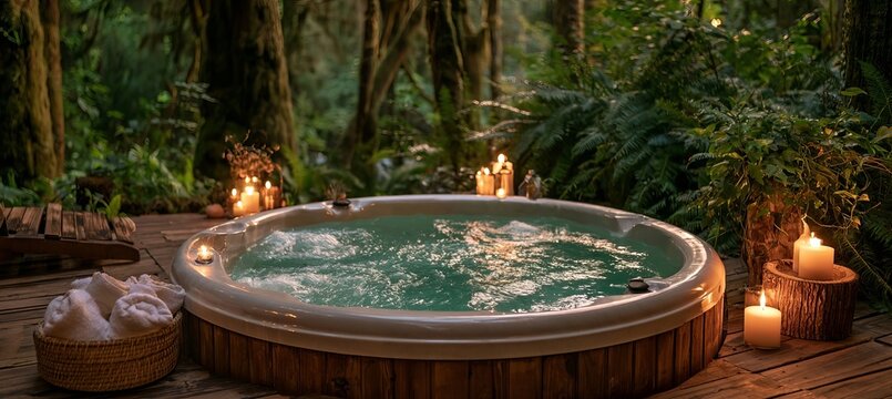 Relaxing Hot Tub Surrounded by Autumn Forest for Tranquil Wellness and Luxurious Spa Travel Retreat