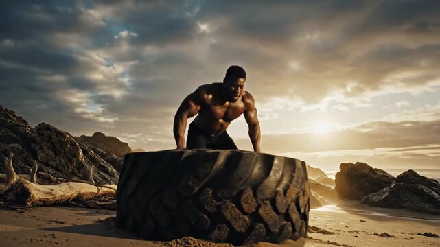 Muscular Black man training with heavy tire on beach at sunset