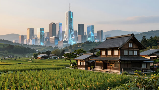 田舎の田園風景と近未来都市