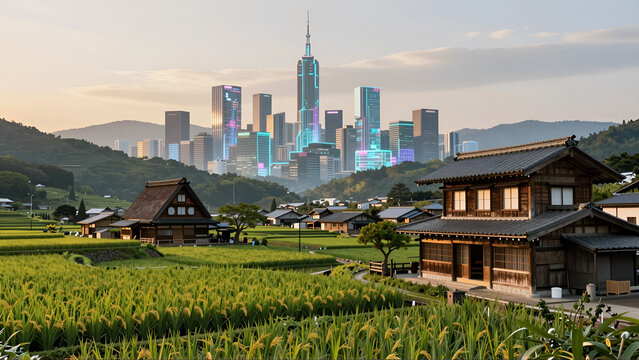 田舎の田園風景と近未来都市