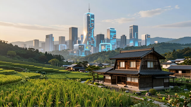 田舎の田園風景と近未来都市