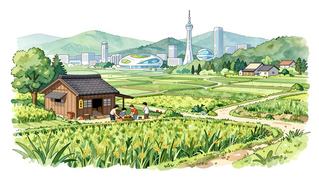 田舎の田園風景と近未来都市のイラスト