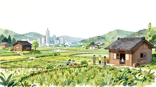 田舎の田園風景と近未来都市のイラスト