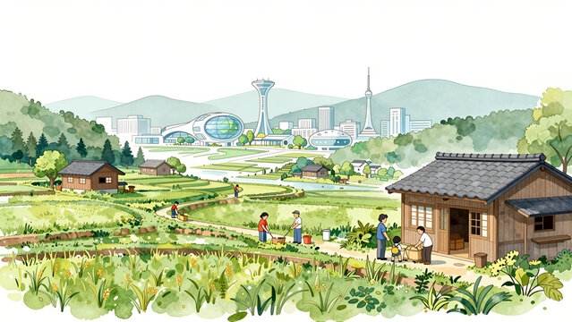 田舎の田園風景と近未来都市のイラスト