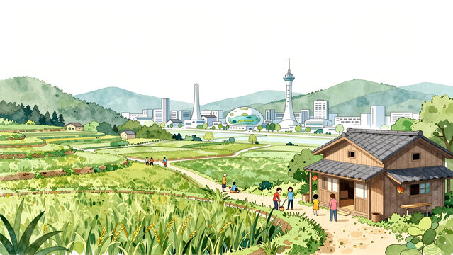 田舎の田園風景と近未来都市のイラスト