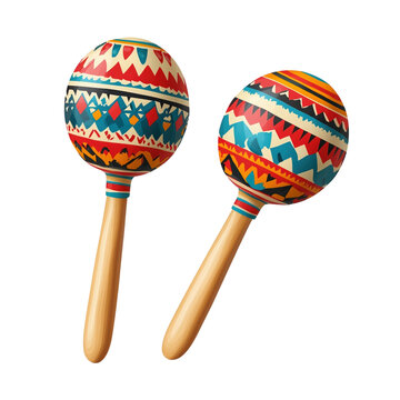 Colorful patterned maracas with geometric tribal design, wooden percussion instruments for music, fiesta and celebration isolated on Transparent Background
