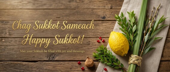 Naklejka premium Celebrating Sukkot: A Meaningful Tradition with Nature's Bounty Featuring Four Species and Joyous Blessings
