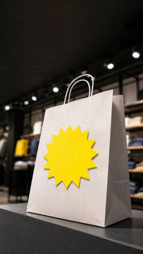 Black Friday Sale White Shopping Bag with Blank Yellow Starburst Label in Fashion Store