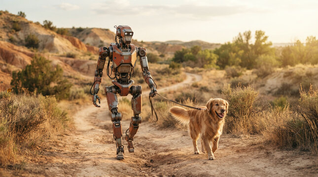 Rusted humanoid robot walking a golden retriever along a dry hill path