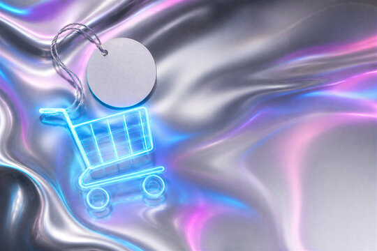 Cyber Monday Sale Neon Shopping Cart and Blank Round Tag on Holographic Background