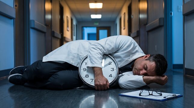 Tired Doctor Sleeping on Hospital Floor Hugging Clock Symbolizing Medical Burnout and Long Shift Stress Management.