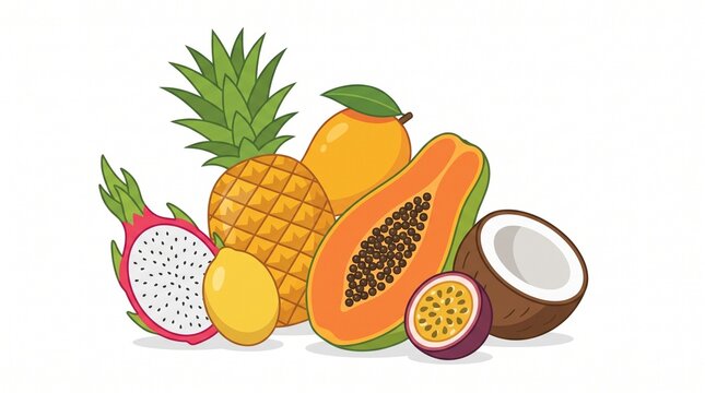 Colorful tropical fruit vector illustration featuring pineapple, mango, papaya, dragon fruit, passion fruit, coconut and lemon, isolated on white with clean outlines and fresh commercial design style
