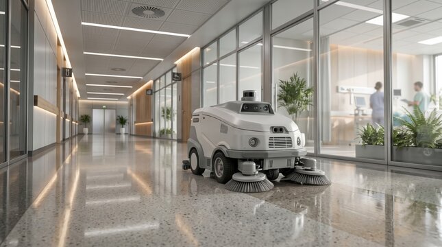 Autonomous robotic floor scrubber cleaning the corridor of a modern office building