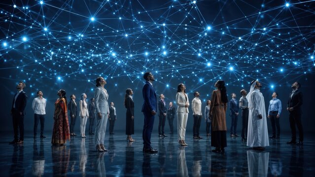 diverse business professionals looking up at glowing digital network of connected nodes in futuristic environment