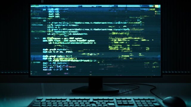 PCモニターとキーボードの3Dアニメーション　グリッチ画面　ループ　