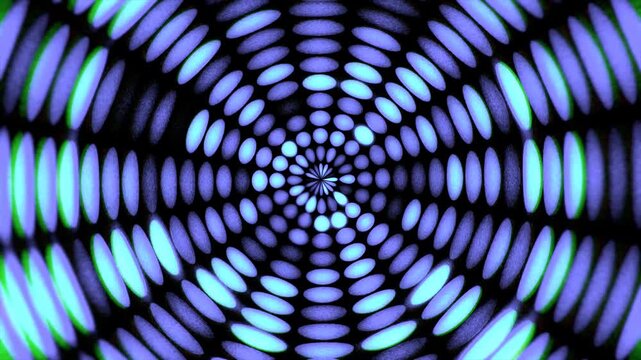 Dynamic abstract animation featuring pulsing blue and green light ovals arranged in a mesmerizing rotating spiral pattern for music and nightlife visuals.