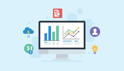 Obraz premium Modern computer monitor displaying colorful business analytic charts and surrounded by various colorful corporate vector icons.