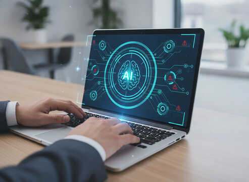 Businessman typing on laptop with holographic artificial intelligence, digital neural network interface, concept of machine learning and automation technology in modern office backdrop.